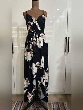 Floral Wrap Maxi Dress - Black with White Bloom